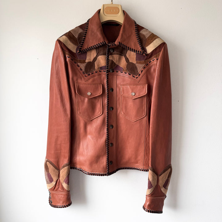 Gucci By Tom Ford SS2004 Brown Butterfly Patchwork Western Leather Jacket