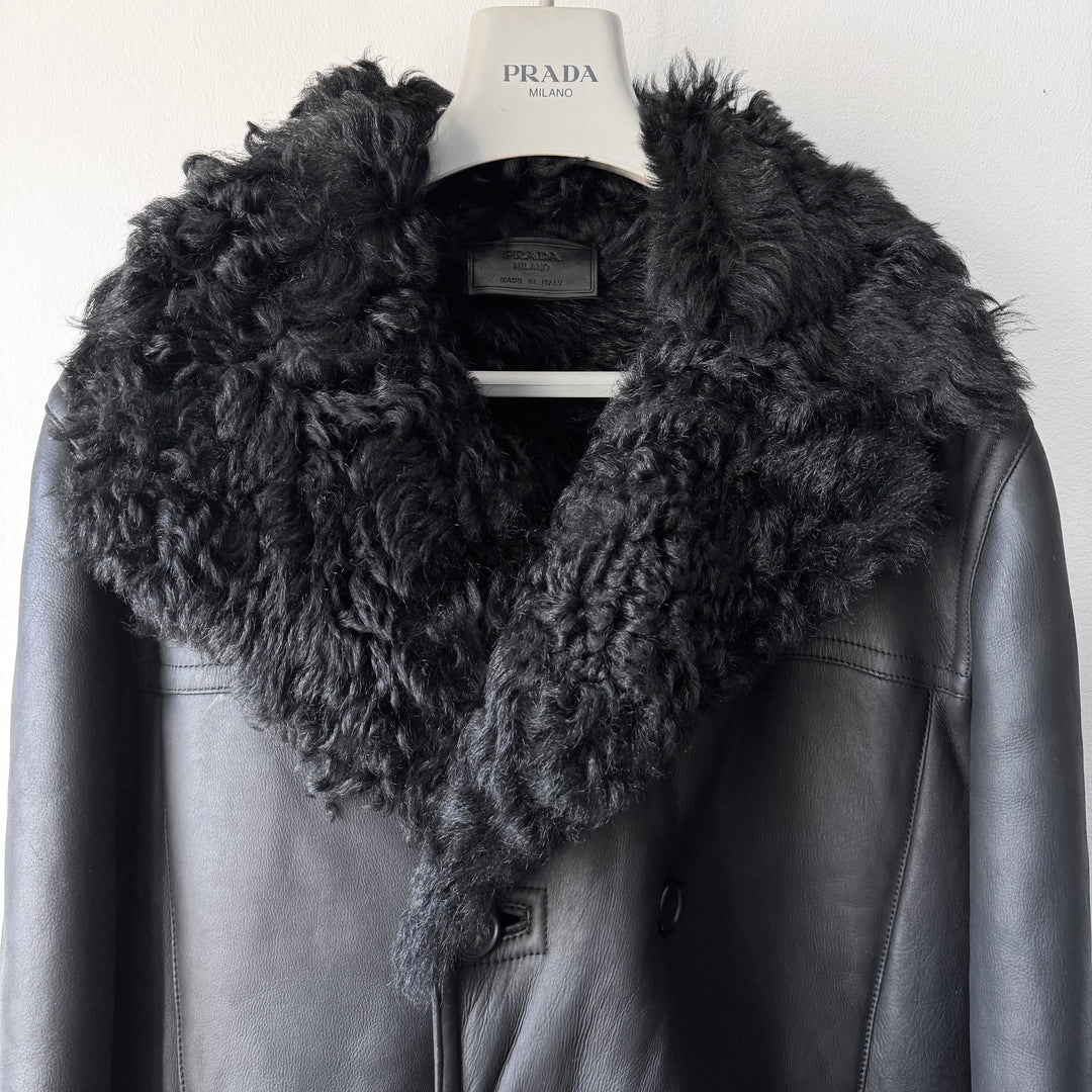 Prada FW2007 Black Double Breasted Long Sheep Shearling Leather Coat
