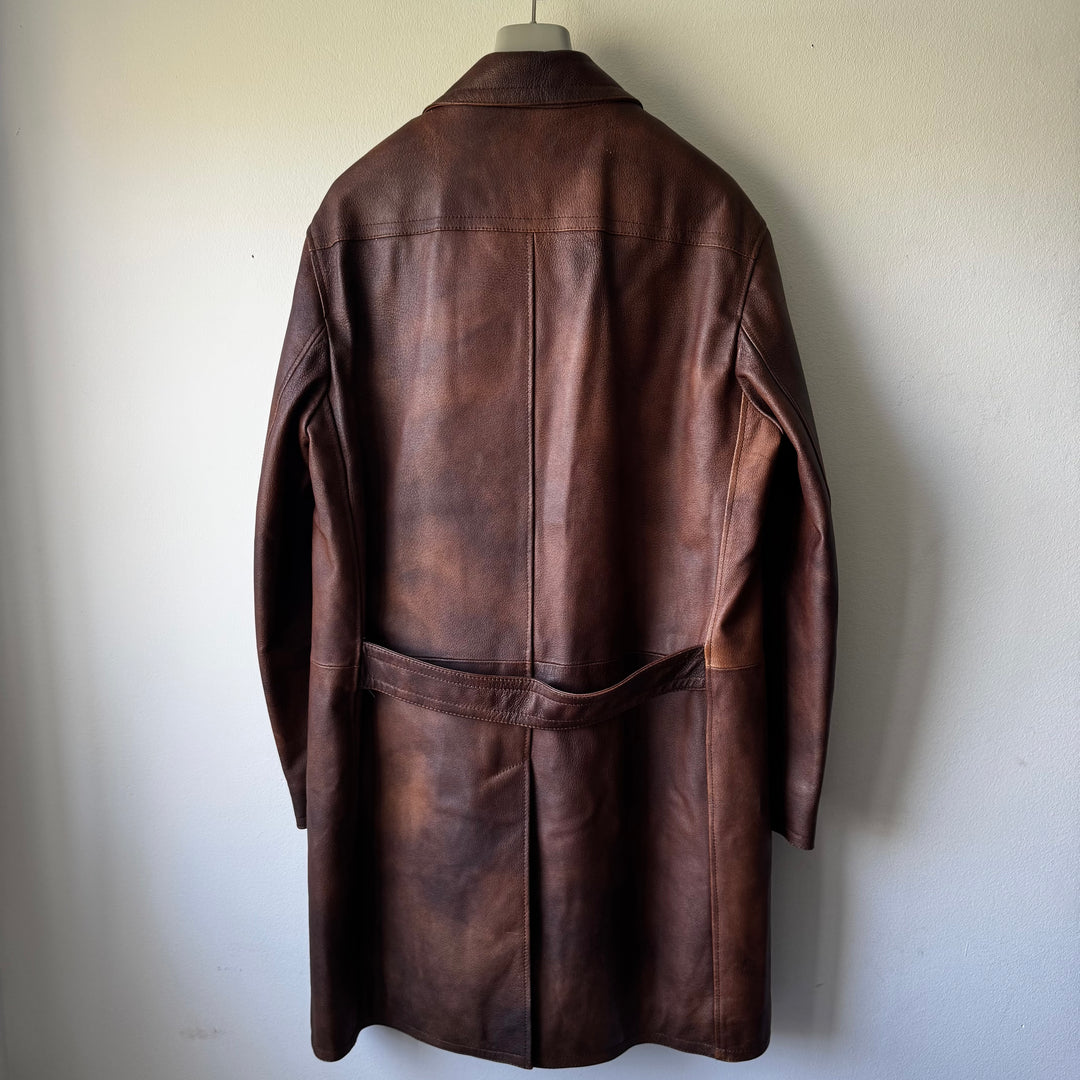Prada 2000’s Brown Patina Leather Long Overcoat Jacket