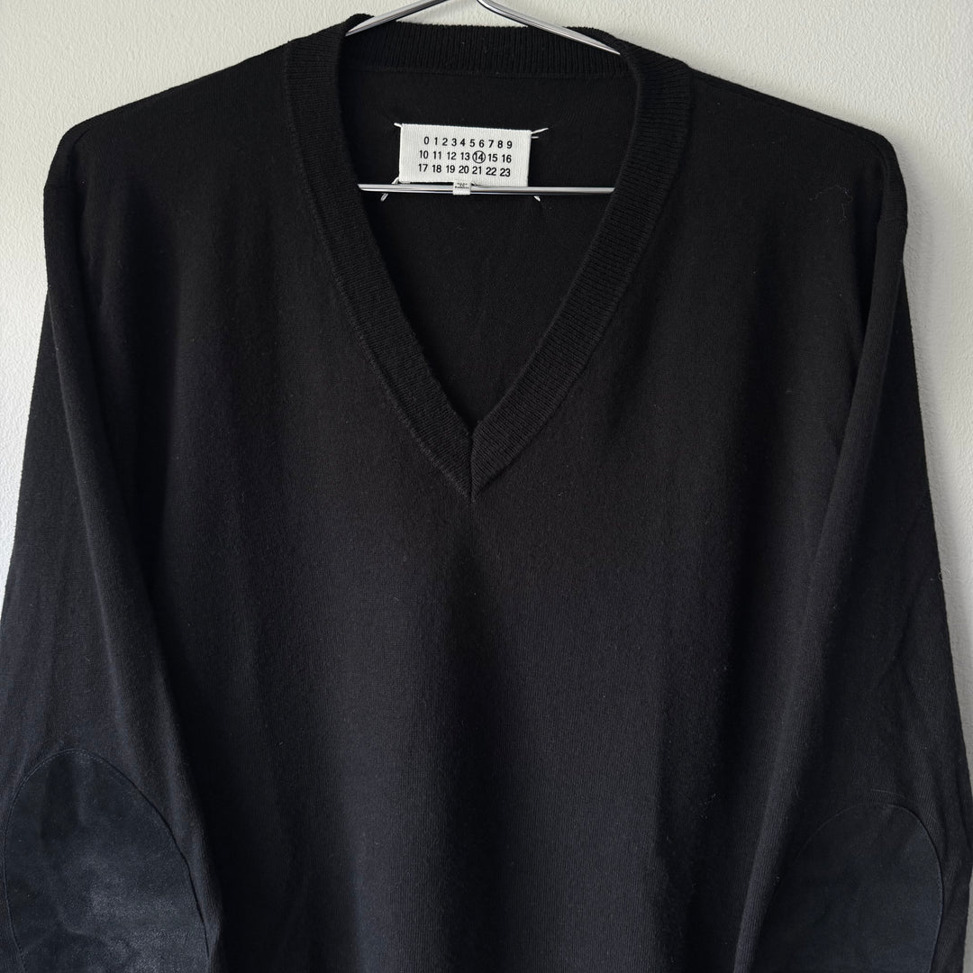 AW2015 Maison Margiela Black Cotton V-Neck Pullover Elbow Patch Knit Sweater