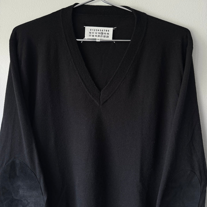 AW2015 Maison Margiela Black Cotton V-Neck Pullover Elbow Patch Knit Sweater