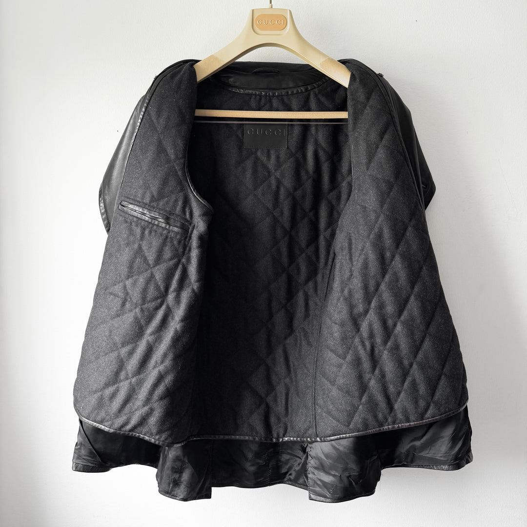 Gucci By Tom Ford FW1996 Black Double Breasted Wool Lined Lamb Leather Peacoat