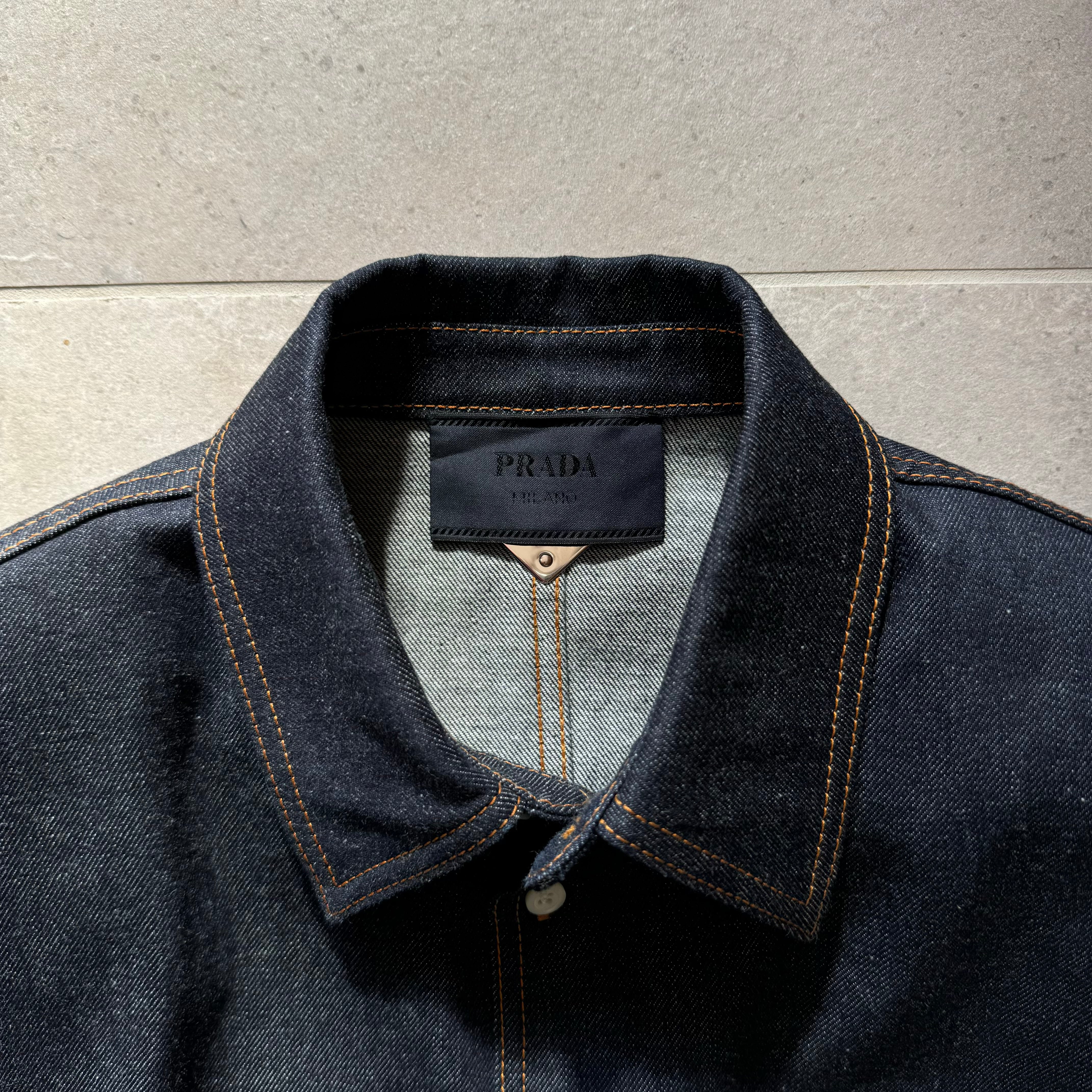 Prada SS24 Runway Padded Shoulder Indigo Logo Denim Jacket