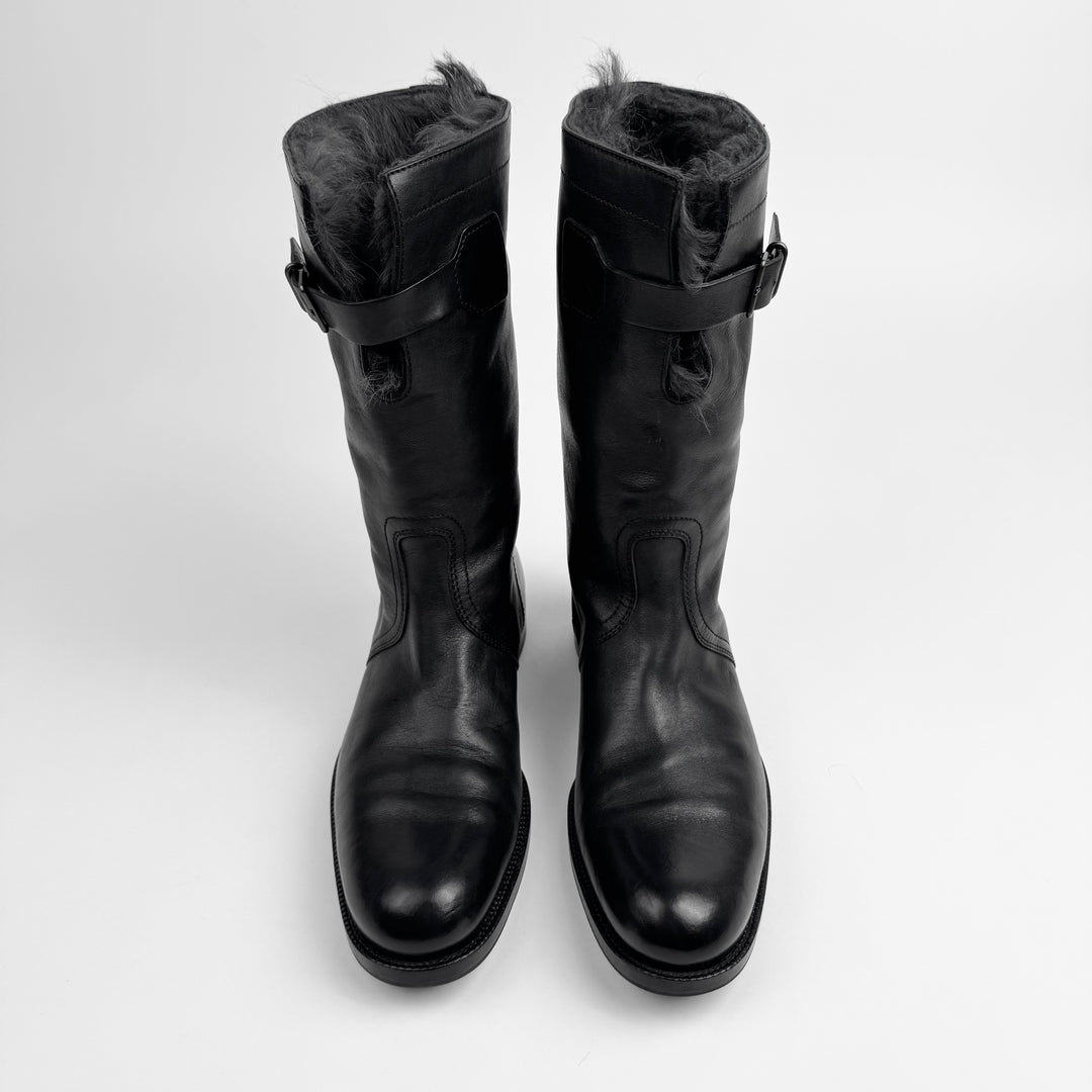 Gucci 2000's Black Shearling Leather Biker Boots