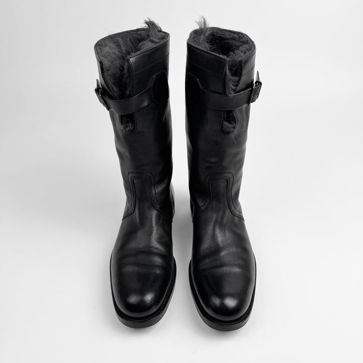 Gucci 2000's Black Shearling Leather Biker Boots