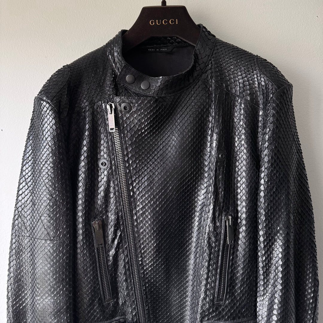 Gucci By Tom Ford 1990’s Black Python Snake Skin Leather Biker Moto Jacket