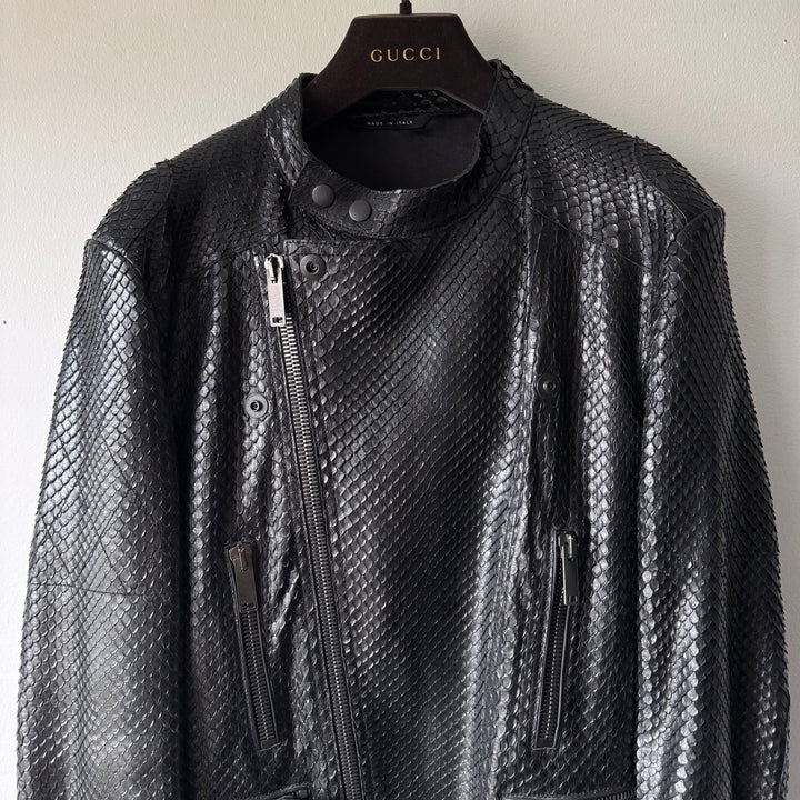 Gucci By Tom Ford 1990’s Black Python Snake Skin Leather Biker Moto Jacket