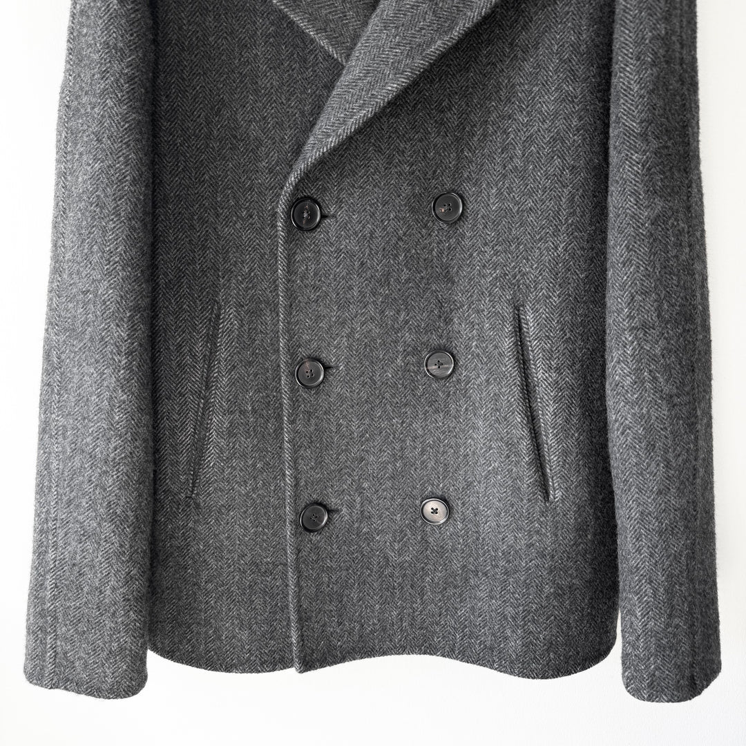 Jil Sander By Raf Simons AW2009 Gray Herringbone Wool Double Breasted Peacoat
