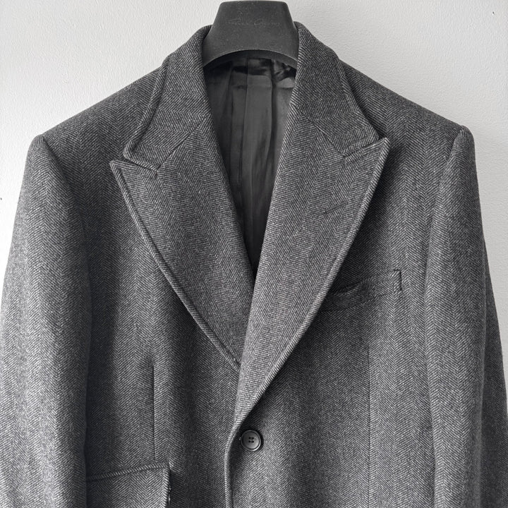 Gucci By Tom Ford Dark Grey Herringbone Peak Lapel Wool Coat