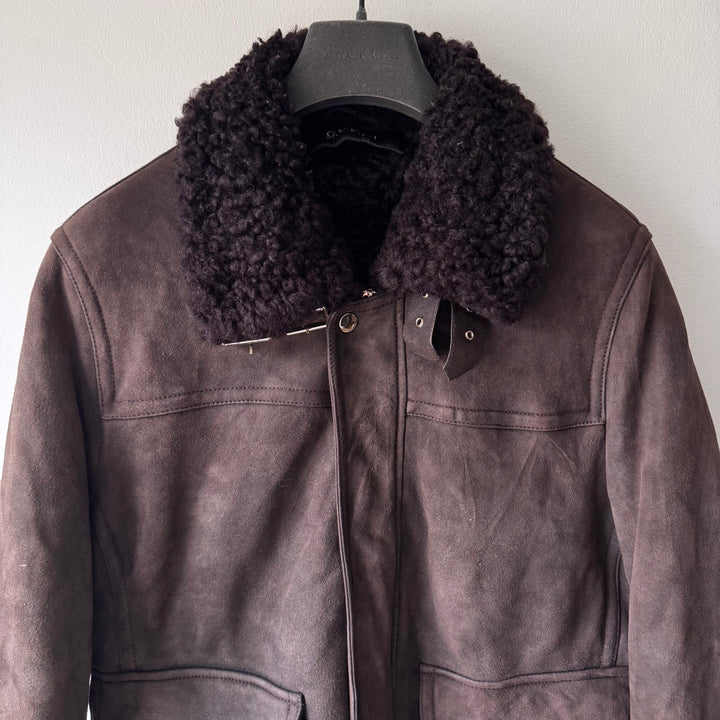 Gucci FW2011 Brown Suede Leather Shearling Bomber Jacket