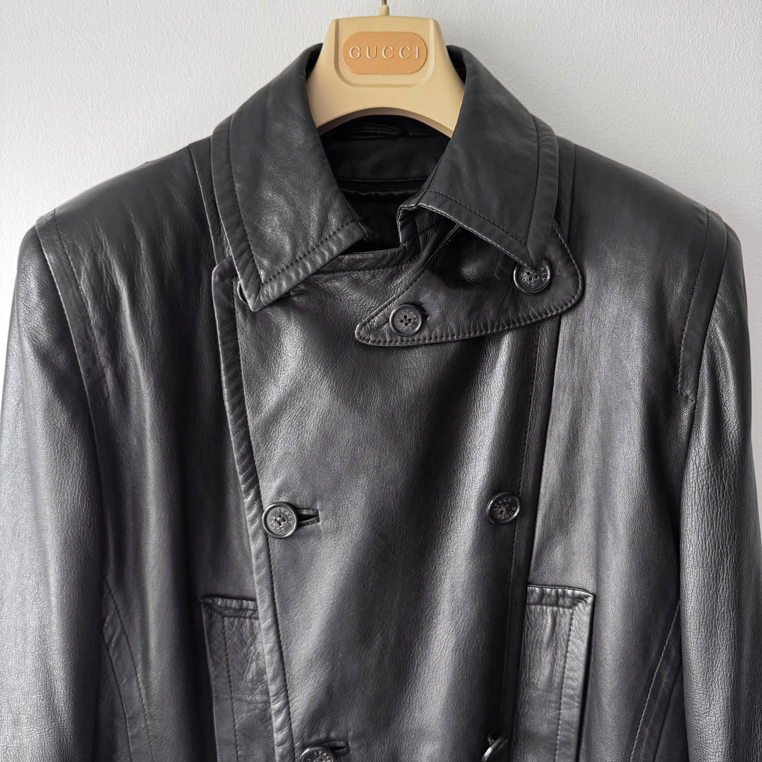 Gucci By Tom Ford FW1996 Black Double Breasted Wool Lined Lamb Leather Peacoat