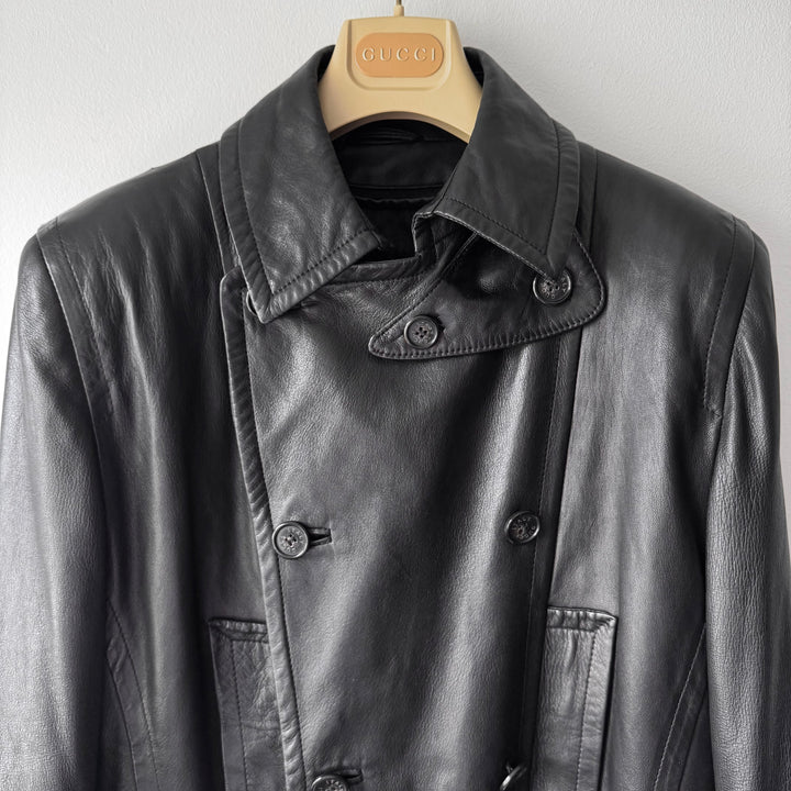 Gucci By Tom Ford FW1996 Black Double Breasted Wool Lined Lamb Leather Peacoat