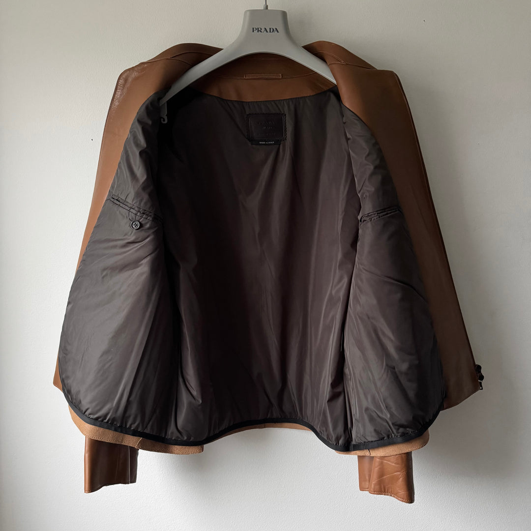 Prada FW2000 Tan Brown Insulated Calf Leather Zip-Up Blouson Jacket