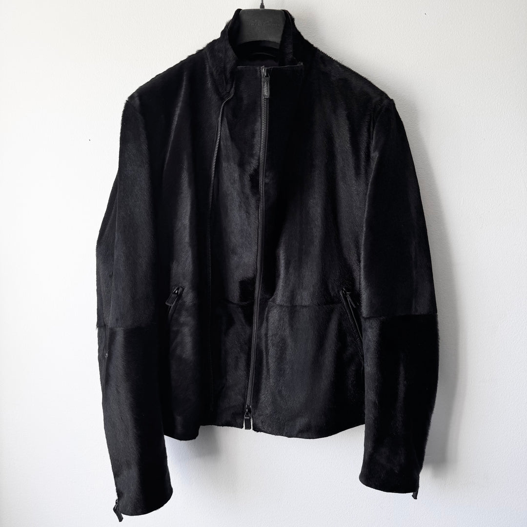 Emporio Armani AW2012 Black ”Pony Hair” Asymmetrical 2-Zip Calf Leather Jacket