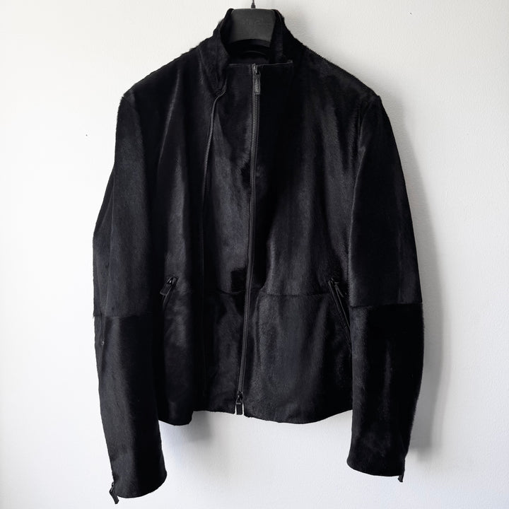Emporio Armani AW2012 Black ”Pony Hair” Asymmetrical 2-Zip Calf Leather Jacket