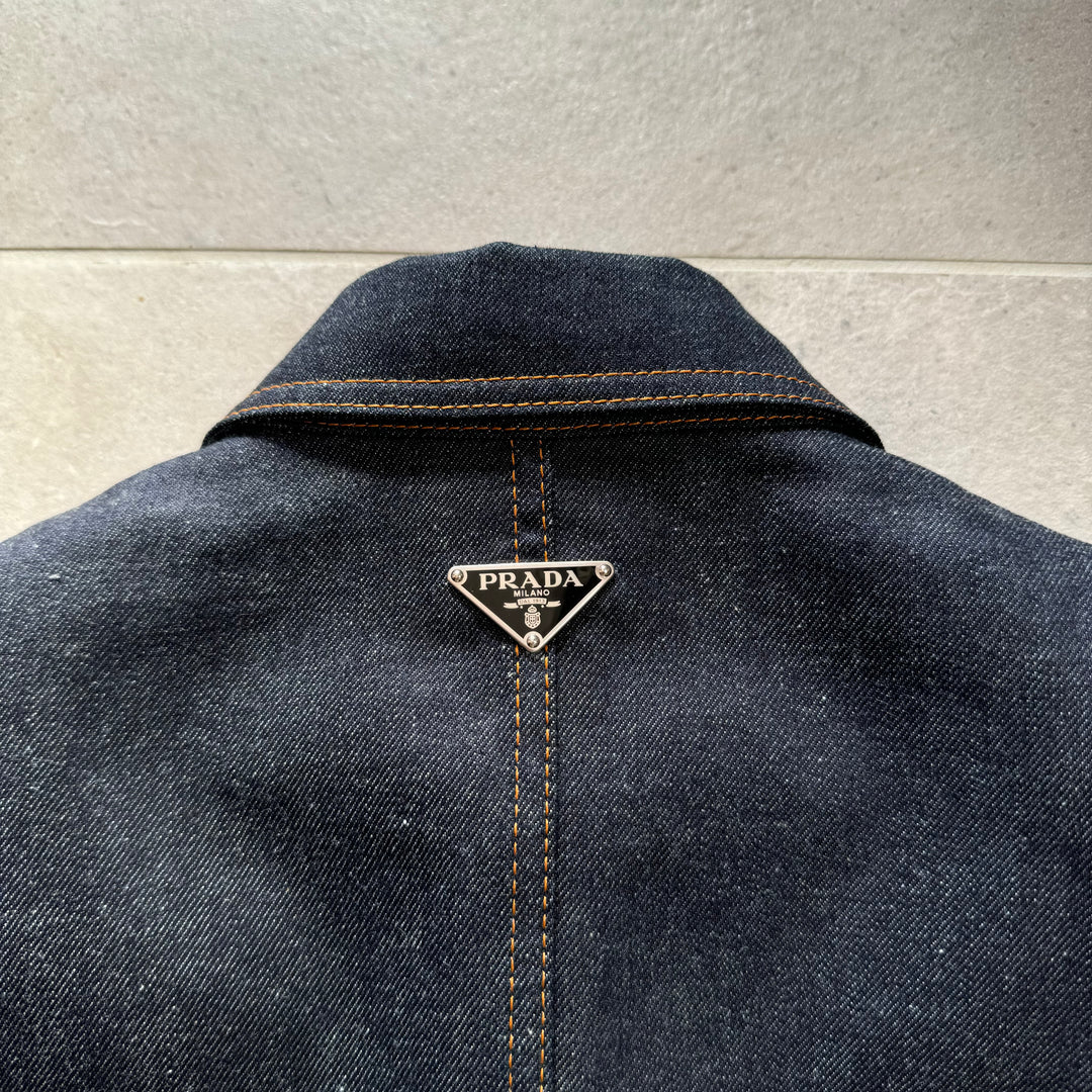 Prada SS24 Runway Padded Shoulder Indigo Logo Denim Jacket