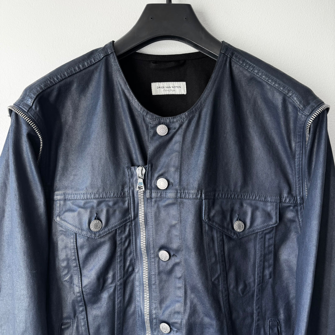 Dries Van Noten AW2014 Black/Navy Waxed Zip-Sleeves Denim Jacket