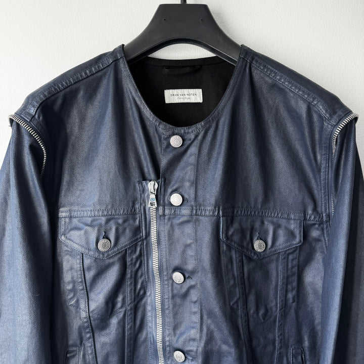 Dries Van Noten AW2014 Black/Navy Waxed Zip-Sleeves Denim Jacket