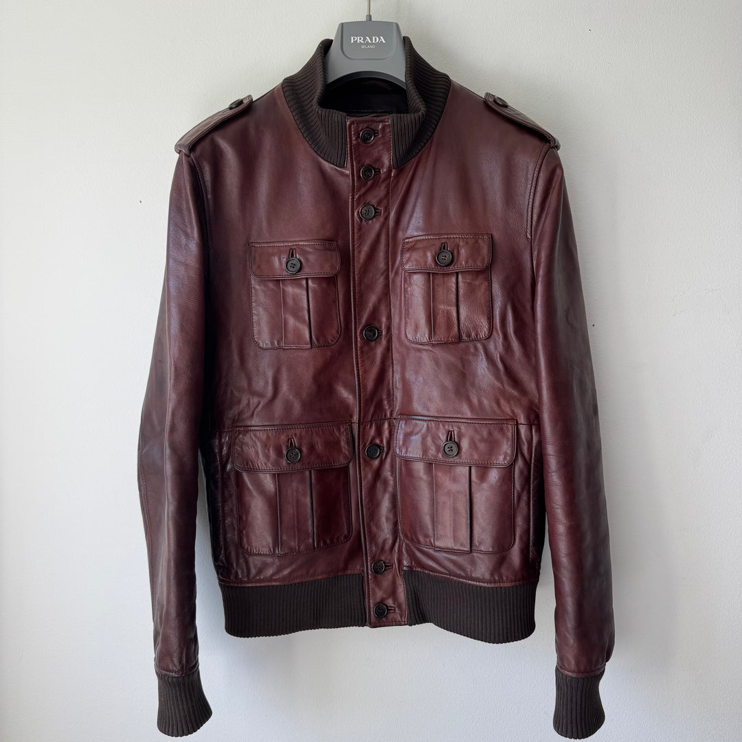 Prada FW2008 Mainline Bordeaux Cargo Bomber Calf Leather Jacket