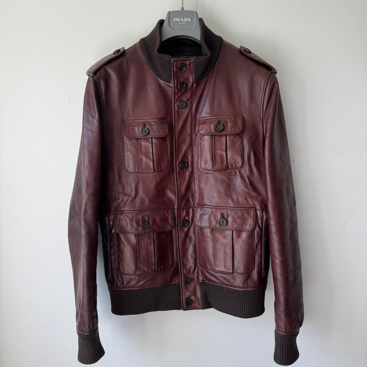 Prada FW2008 Mainline Bordeaux Cargo Bomber Calf Leather Jacket