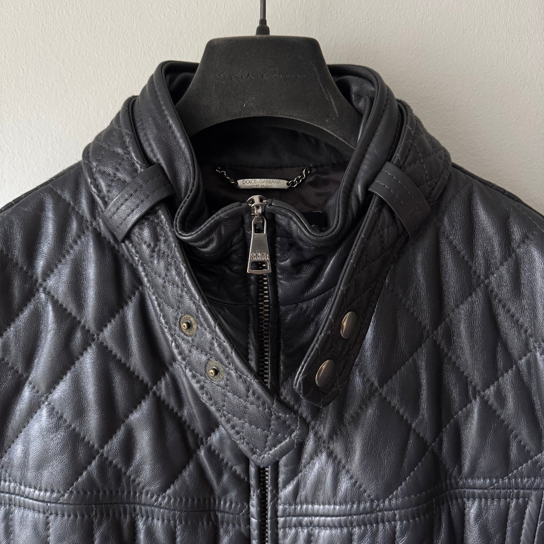 Dolce & Gabbana FW2007 Charcoal Quilted Padded Lamb Leather Café Racer Jacket