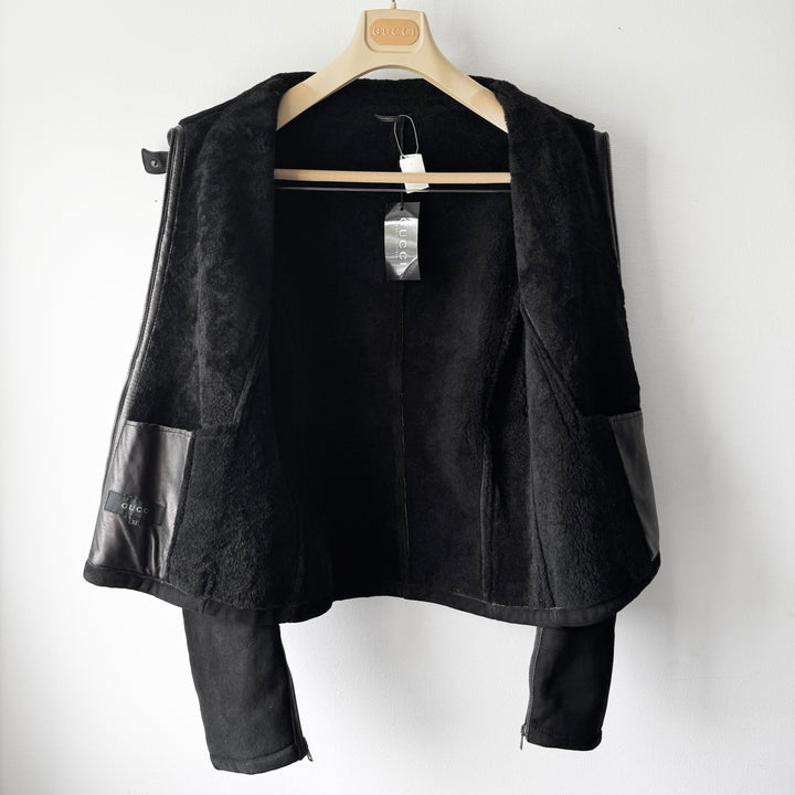 Gucci By Tom Ford FW2000 Black Suede/Leather Shearling High Neck Cropped Biker Jacket