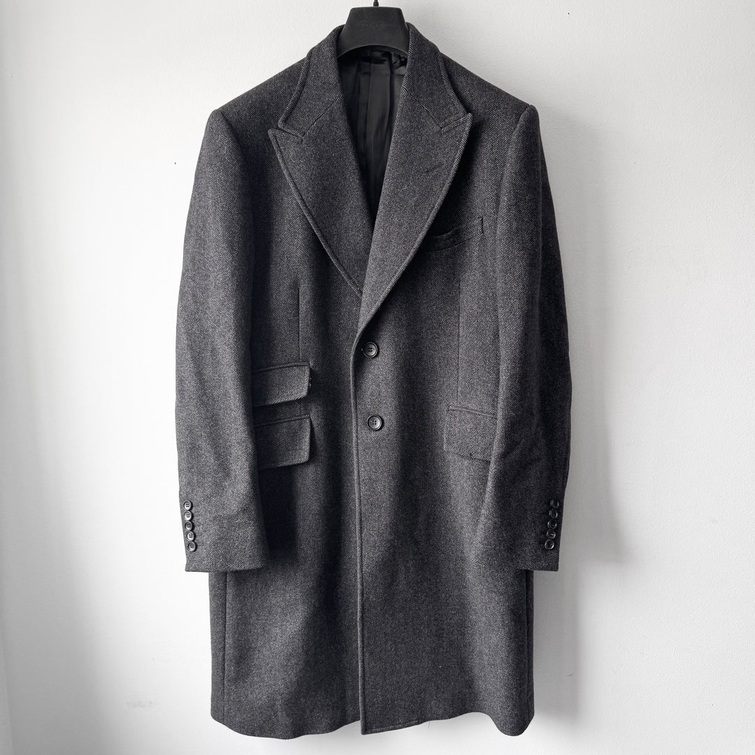 Gucci By Tom Ford Dark Grey Herringbone Peak Lapel Wool Coat