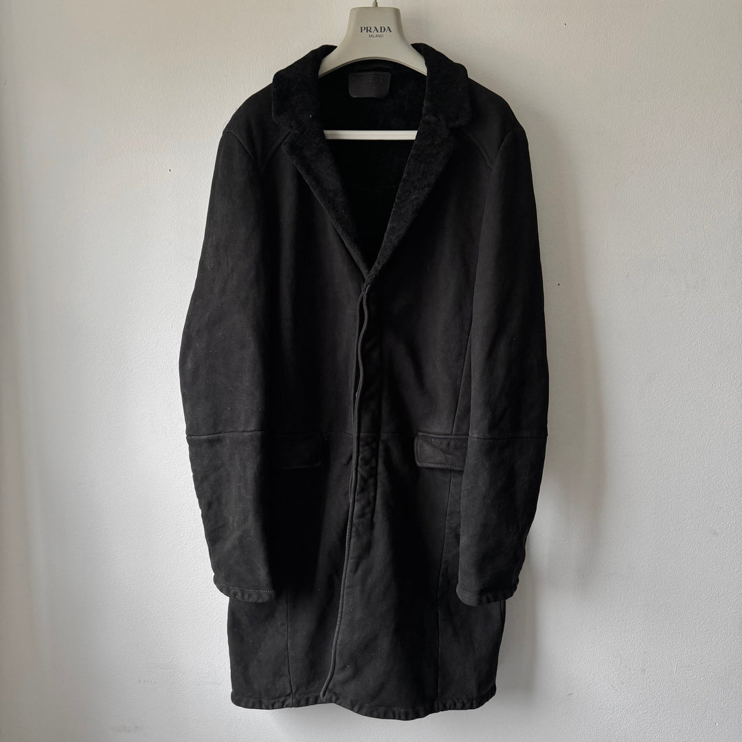 Prada FW2013 Black Reverse Lamb Fur Shearling Leather Button-Up Coat