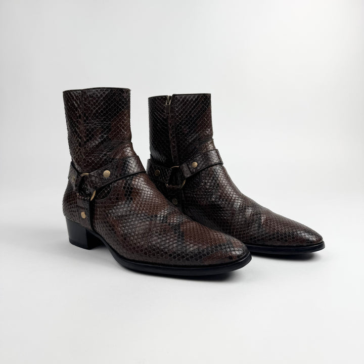 Saint Laurent By Hedi Slimane FW2016 Brown Python Leather Wyatt Harness Boots