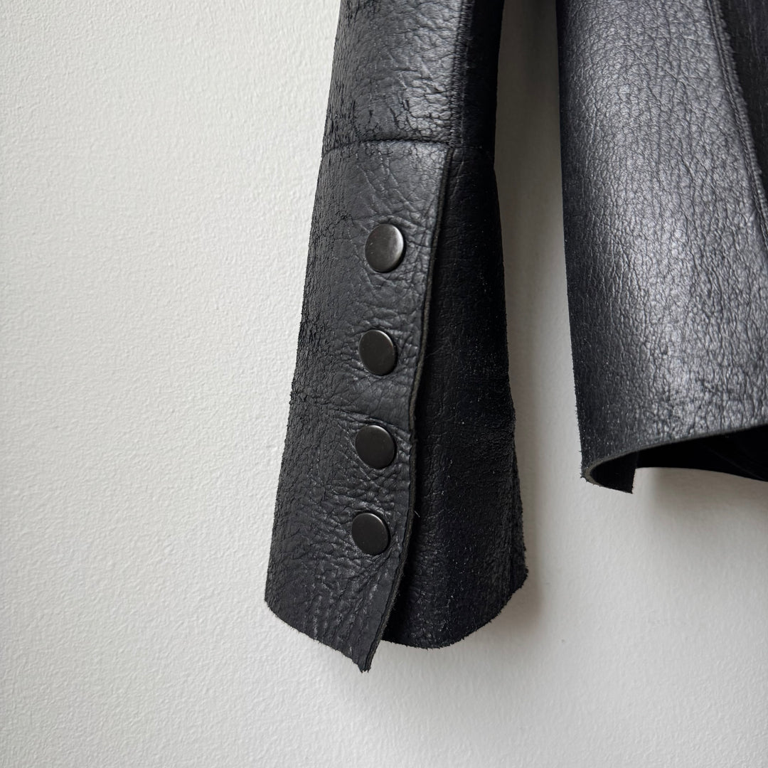 Rick Owens FW2010 Black Neoprene Padded Blistered Lamb Leather Belted Jacket Coat