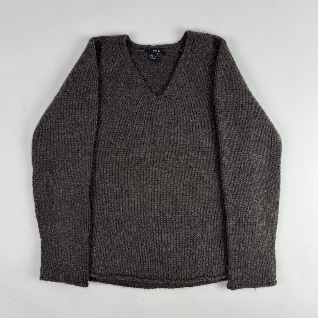 Gucci By Tom Ford 1990’s Brown Alpaca/Wool Chunky Knit V-Neck Pullover