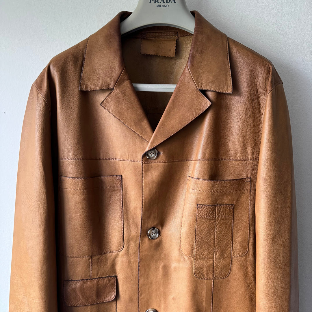 Prada SS2001 Tan Cropped Multipocket Blouson Leather Jacket