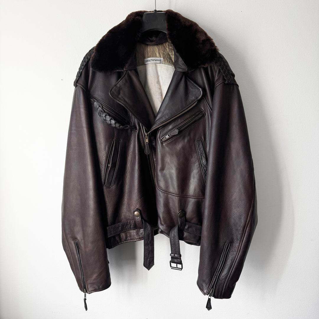 Emporio Armani 1990s Brown Fur Collar Perfecto Biker Jacket