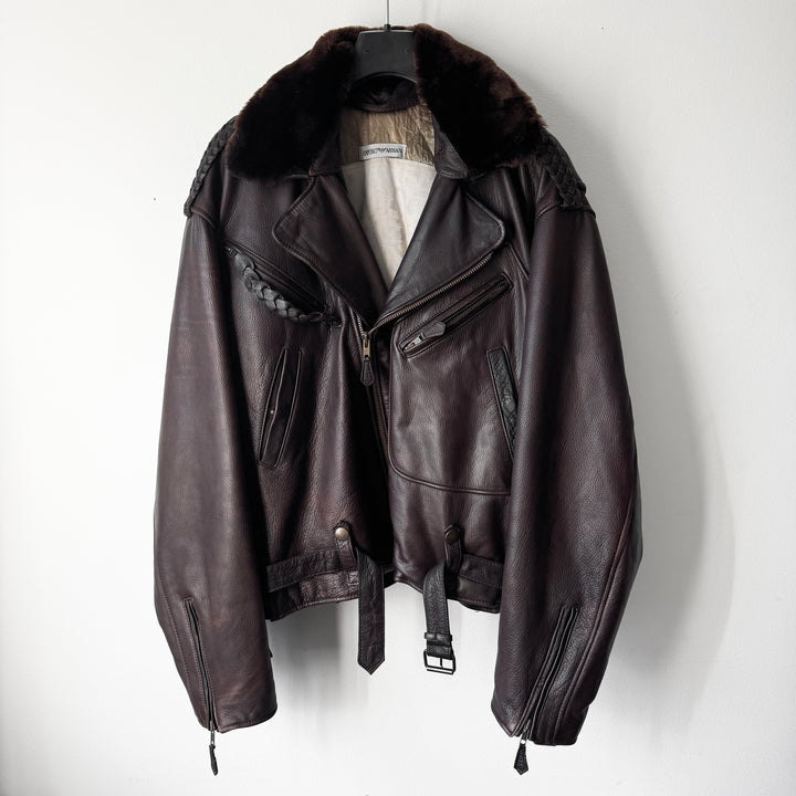 Emporio Armani 1990s Brown Fur Collar Perfecto Biker Jacket