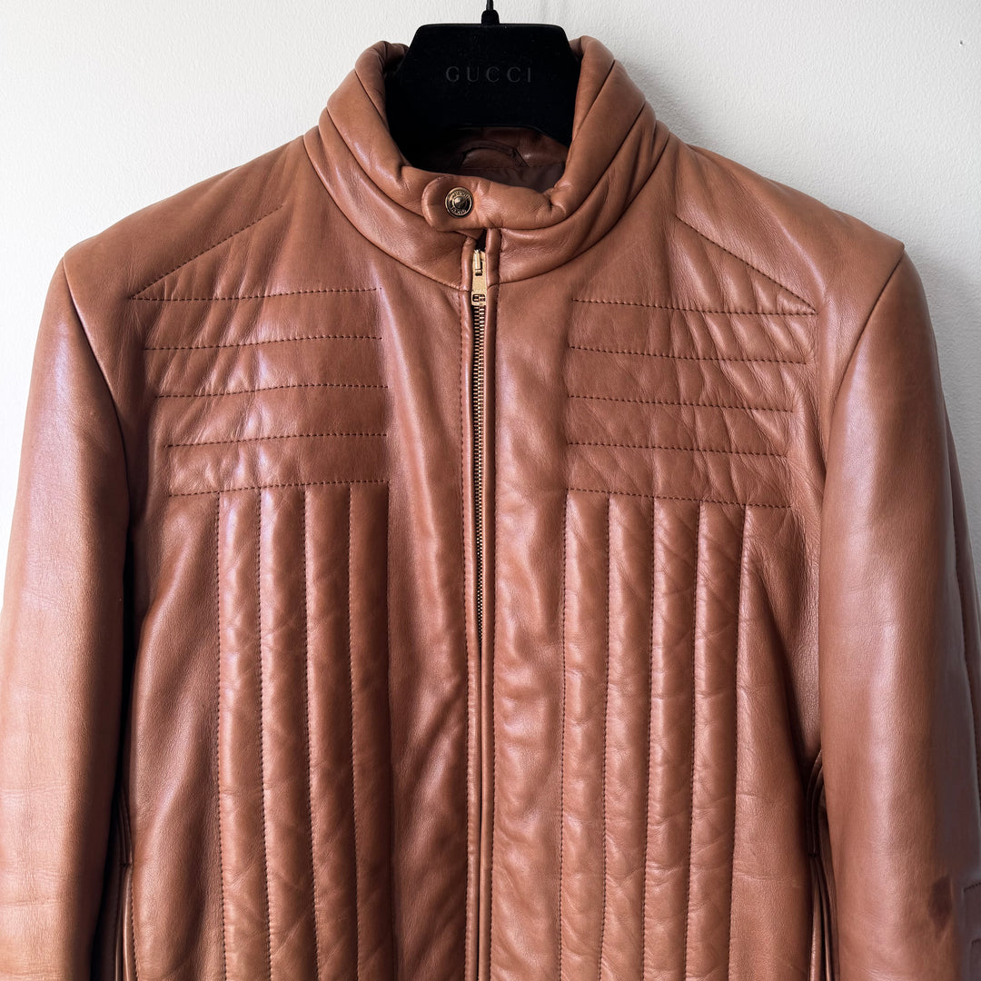 Gucci By Tom Ford FW2000 Brown Quilted Padded Moto Biker Leather Jacket