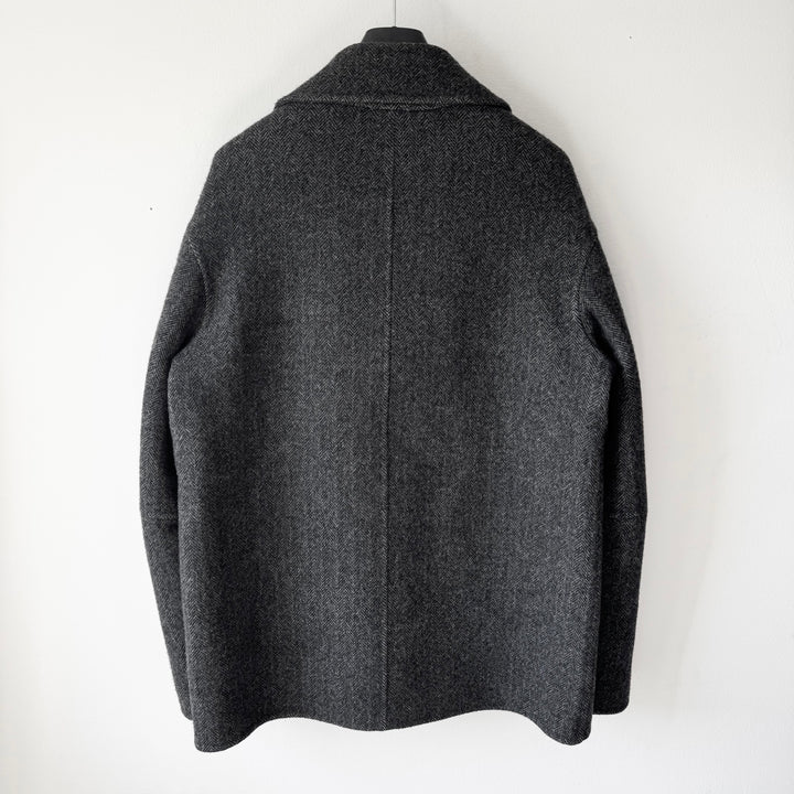 Jil Sander By Raf Simons AW2009 Gray Herringbone Wool Double Breasted Peacoat