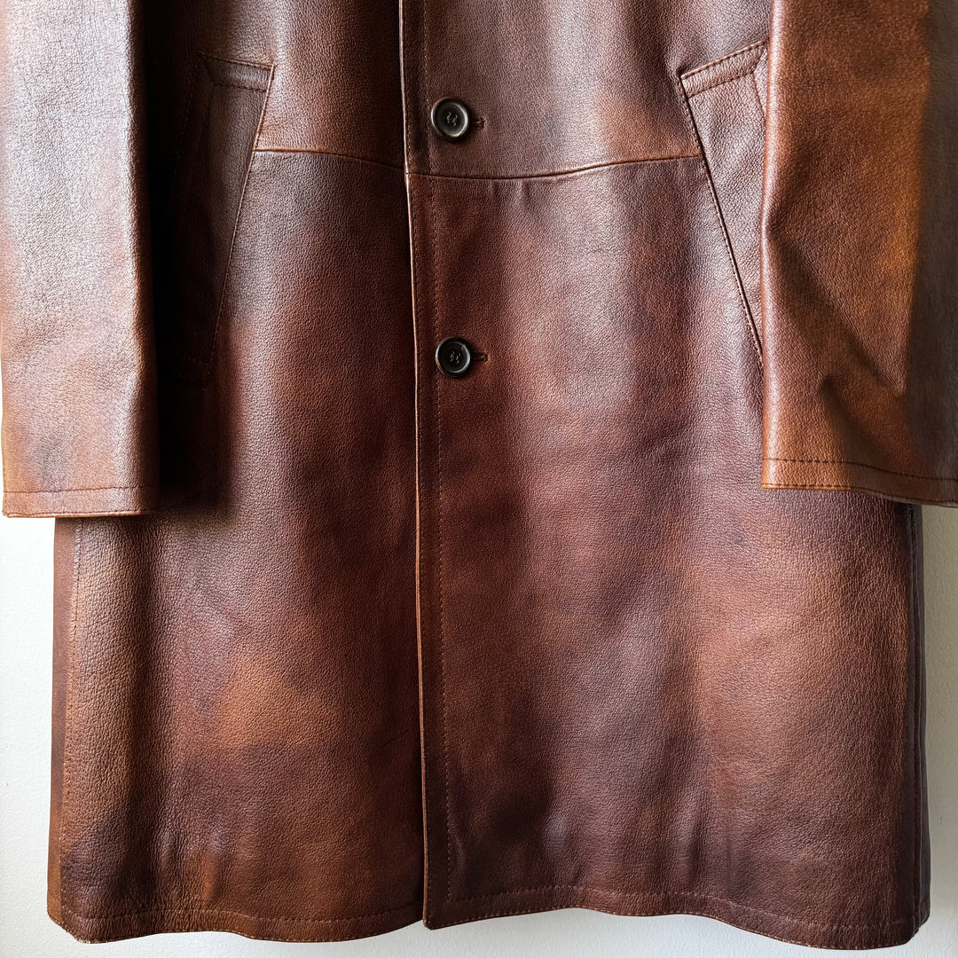 Prada 2000’s Brown Patina Leather Long Overcoat Jacket