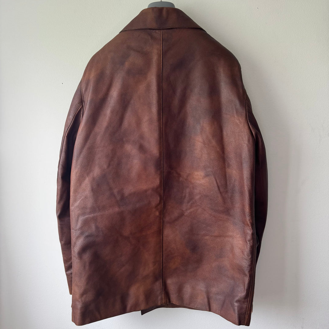 Prada 2000’s Double Breasted Patina Leather Overcoat Jacket