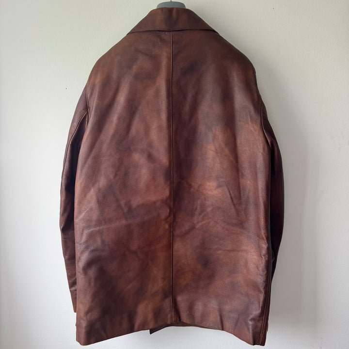 Prada 2000’s Double Breasted Patina Leather Overcoat Jacket