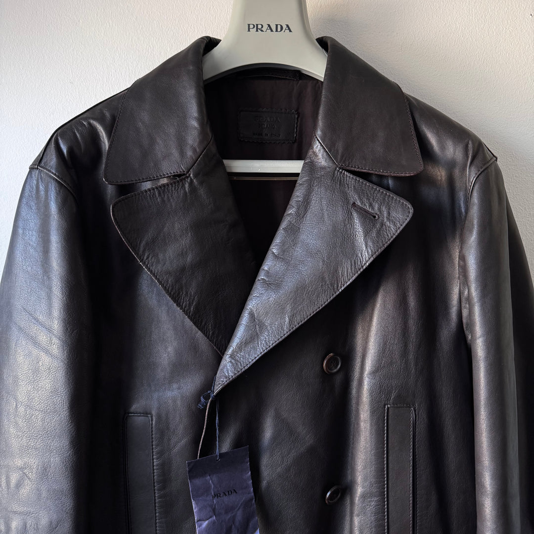Prada 2000’s Dark Brown Double Breasted Nappa Leather Peacoat
