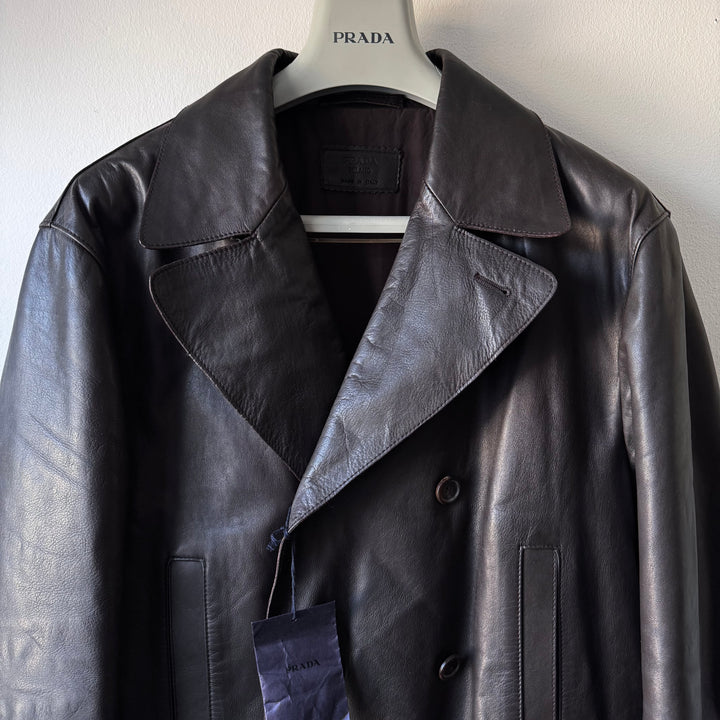 Prada 2000’s Dark Brown Double Breasted Nappa Leather Peacoat