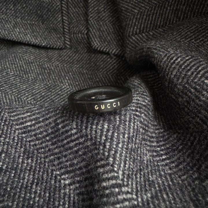 Gucci By Tom Ford Dark Grey Herringbone Peak Lapel Wool Coat