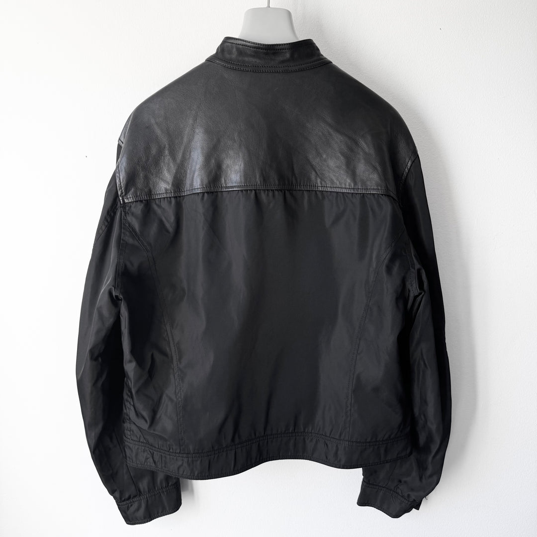 Prada 1990’s Black Hybrid Nylon Leather Cafe Racer Biker Jacket