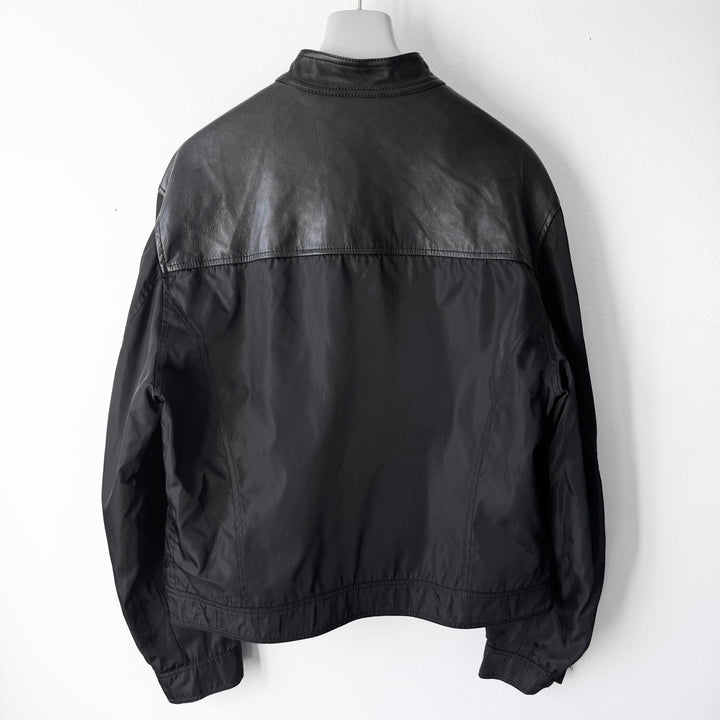 Prada 1990’s Black Hybrid Nylon Leather Cafe Racer Biker Jacket