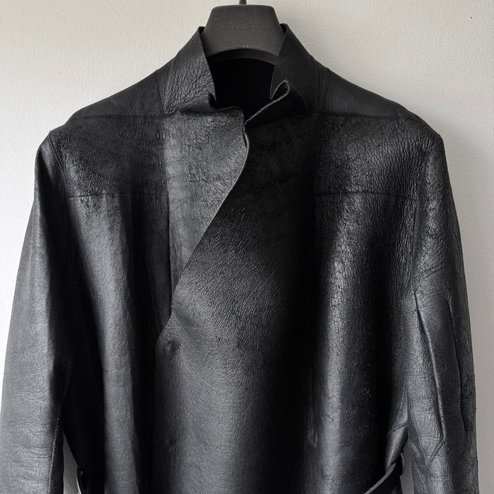 Rick Owens FW2010 Black Neoprene Padded Blistered Lamb Leather Belted Jacket Coat