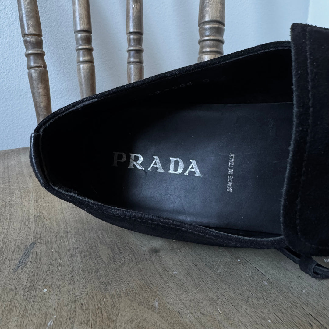 Prada 2000’s Black Suede Buckle Leather Loafers
