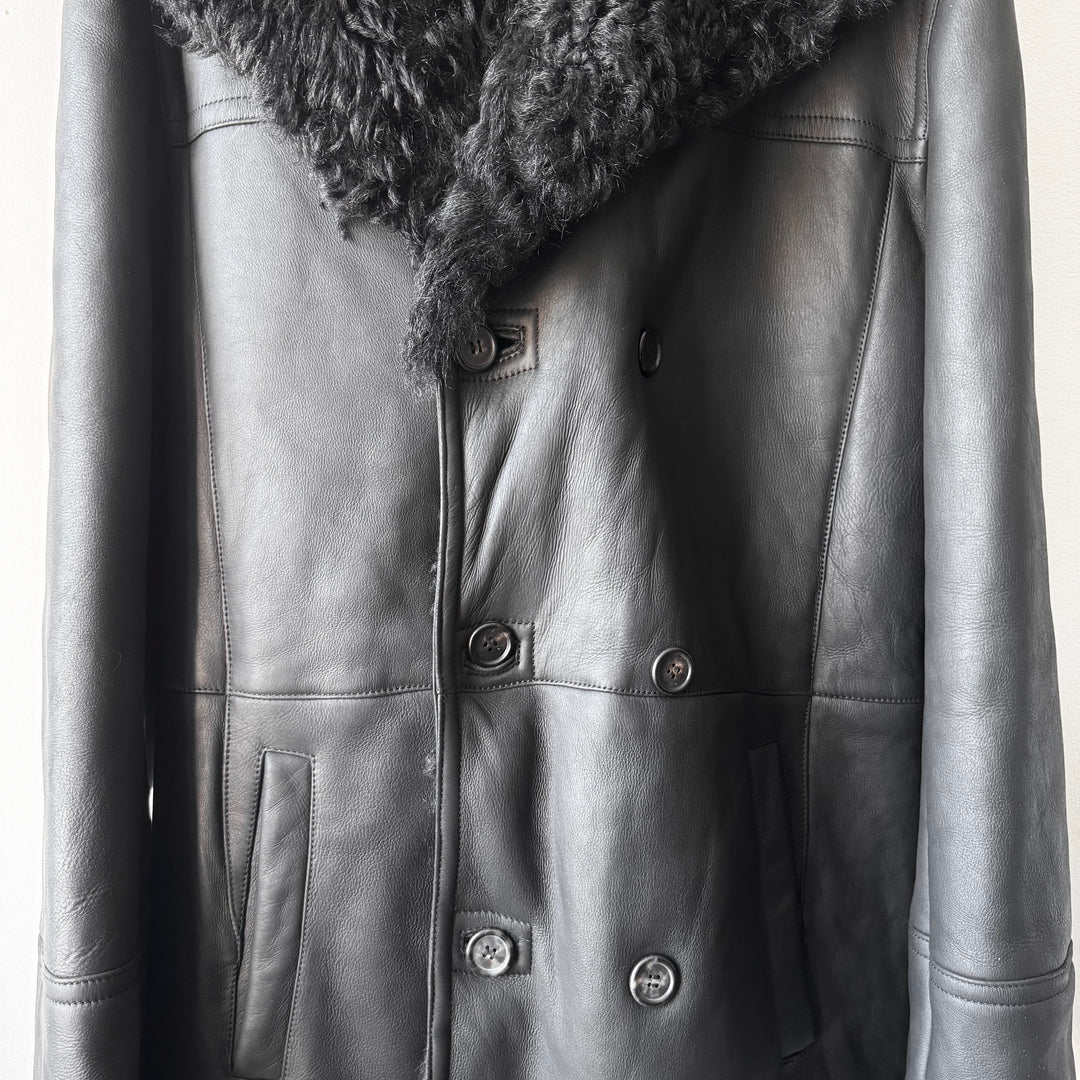 Prada FW2007 Black Double Breasted Long Sheep Shearling Leather Coat