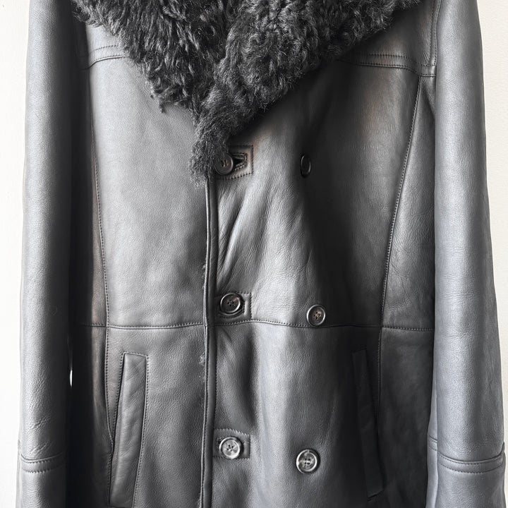 Prada FW2007 Black Double Breasted Long Sheep Shearling Leather Coat