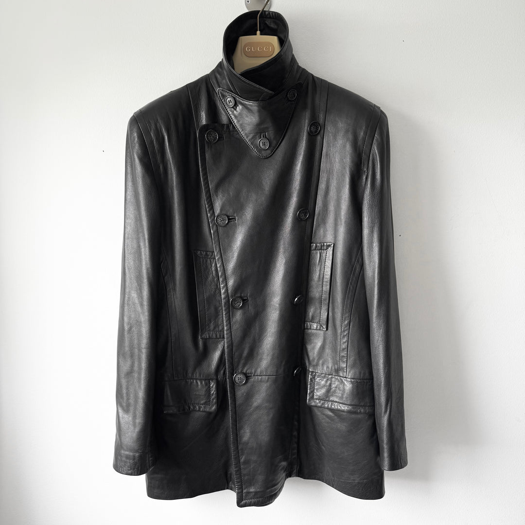 Gucci By Tom Ford FW1996 Black Double Breasted Wool Lined Lamb Leather Peacoat