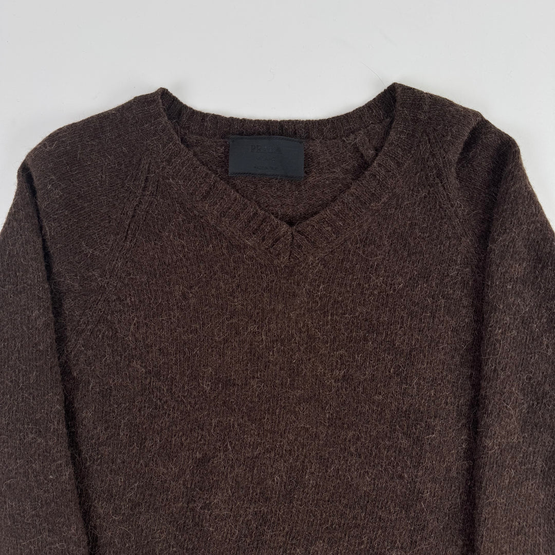 Prada 1990's Brown Alpaca/Wool Blend Chunky Knit V-Neck Pullover